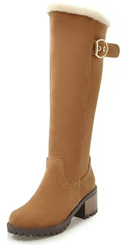 Eestfy Women's Knee High Winter Boots Suede Sherpa Lining Chunky Block Heel Gold Buckle Lug Sole Platform Side Zip Travel Outdoor Walking Cold Weather Daily,Yellow,6.5 UK