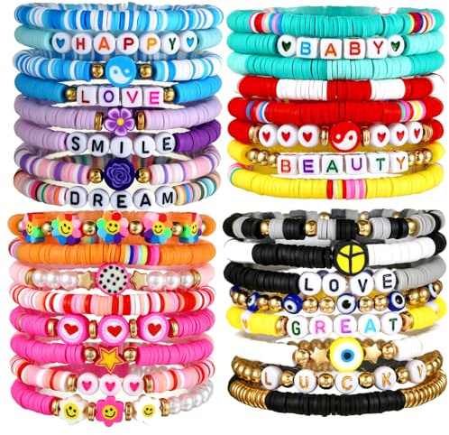 Copbopwn 32 Pcs Bohemian Friendship Bracelet Set Colorful Letter Bead Girls Bracelets Adjustable Stretch Bracelets for Kids Ideal Party Bag Fillers Birthday Presents for Best Friends Teens & Women