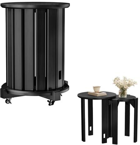 tekrabea Round Stackable Stools Set of 4, Wooden Nesting Chairs on Wheels, No Assembly Required Round Stacking Stool for Kitchen, Living Room, Bar, Dorm (Black)