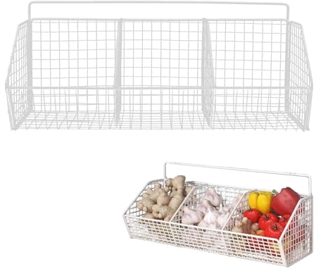 Generisch Wandkorb Mit 3 Fächern, Zwiebelkorb mit 3 Fächern | Drahtkorb Wand als Obstkorb, Wand befestigter Aufbewahrungskorb, für die Aufbewahrung von Ingwer, Knoblauch, Kartoffel (weiß)