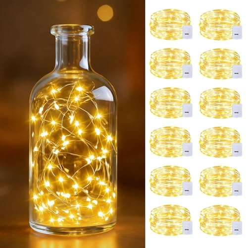 12 Stück LED Lichterkette mit Batterie LR44, 2M 20 LED Mini Lichterkette Warmweiß, 3 Modi Draht Lichterketten für Hochzeit, Party, Flaschenlicht & Weihnachtsdeko, IP43 Wasserdicht