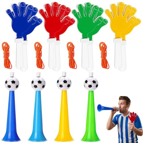 SKIPTHYBER 4 Stück Vuvuzela with 8 Stück Klatschhand, Laut Fußball Fan Tröte, Horn Tröte Zum Anfeuern,Fußball Zubehör für Mottopartys,Fans