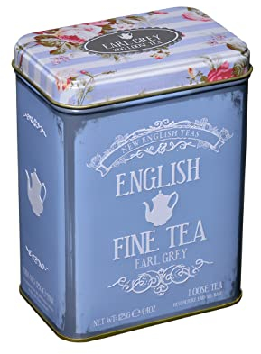 New English Teas Earl Grey Leaf Thé Noir Indien à l'Huile de Bergamote dans Boîte en Métal à Décor Floral, 125 g