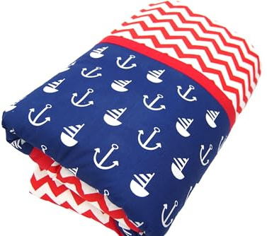 bab-Berlin Handmade Baby Krabbeldecke Patchworkdecke 105x105cm weich gepolstert in Rot Blau Maritim, auch als Set mit Kinderkissen Wolke