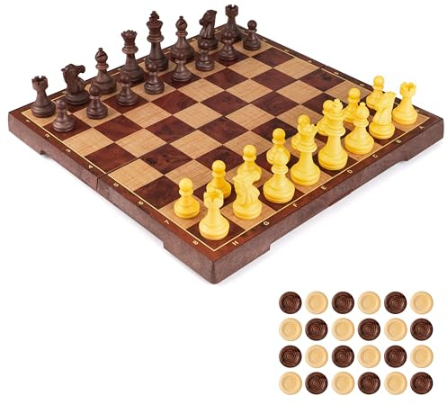 UNEEDE Scacchiera Magnetica e Dama con Confezione Portatile，2-in-1 Scacchi Standard Pieghevole Gioco Intelligente per Bambini Adulti, Professionale 32 * 32cm, 2 giocatori