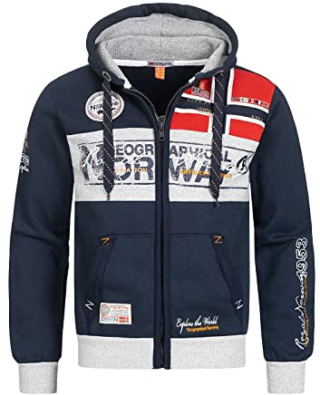 Geographical Norway huvtröja med dragkedja för män, bekväm sweatshirt, logotyp, långärmad, varm, för året-runt-bruk, marinblå, M