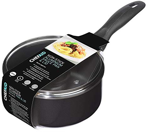 Chef Aid Sauce Pan, 16 Cm Aluminium Pan with Glass Lid and Stay Cool Handle, Built in Ventilation Steam Vent, for Use On Gas, Electric and Ceramic Hobs, Black