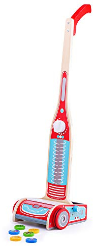 Bigjigs Toys Wooden Toy Vacuum Cleaner - Upright Kids Hoover with 6 Magnetic Wooden Pieces to Vacuum Up, Quality Kids Cleaning Set & Pretend Play Toys for 3+ Years