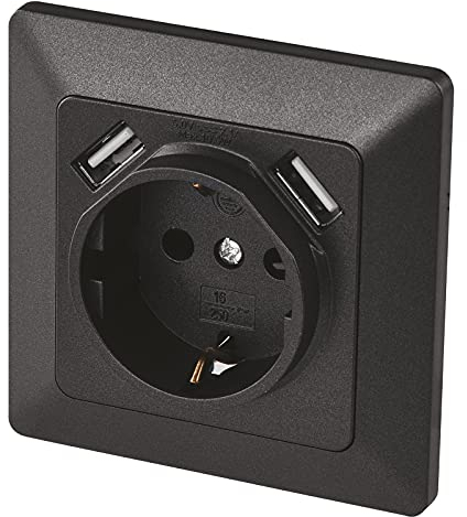 Emos A6000.3 Presa da Incasso con 2 Porte USB Schuko, Sistema 55, 5 V/2,1 A, per Ricarica Cellulare o Smartphone, Colore: Antracite
