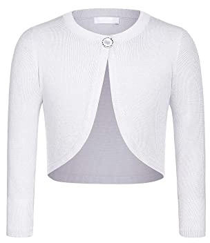 trudge Mädchen Strickjacke Bolero Basic Kinder Cardigan Kurz Bolerojacke lang Ärmel Schulterjacke Bolerojäckche Festlich Shrug Top kurz Zum Kommunionkleid Taufkleid Weiß 150