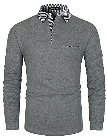 GHYUGR Men's Polo Shirt Long Sleeve Contrasting Plaid Splice Golf Tennis T-Shirt,Grey,L