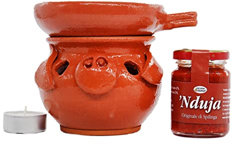 Scalda ‘Nduja Artigianale Calabrese in Terracotta - Maialino + Vasetto Nduja 90 gr + Candela - Fatto da artigiani calabresi 100% Idoneo per Alimenti - Delizie Vaticane di Tropea