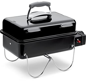 Weber Go-Anywhere Gasolgrill, Grillfläche 42 x 26cm, leichte tragbare BBQ Grill, Tischgrill für Camping mit Porzellan emaillierten Schüssel & Deckel, Klappbeine - Schwarz (1141068)