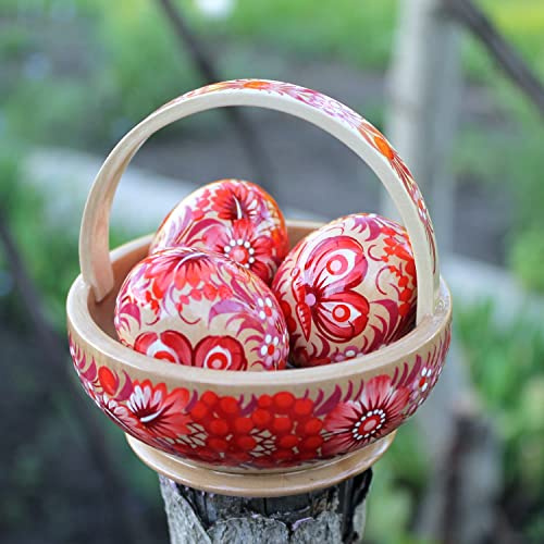 Dekoratives Osterkörbchen mit Ostereier aus Holz 9 х 9 cm, handbemalt nach Ukrainischer Kunsthandwerklicher Traditionen, originelles Ostergeschenk (Rot)
