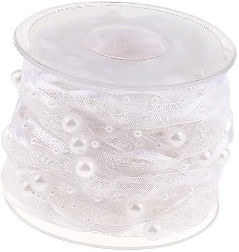 10M Perlenband Chiffon-Band und Organza-Spitze-Band-Dekoband Spitze Zierband für Hochzeits-Blumen- Nähen Handwerk Verpackung (white)