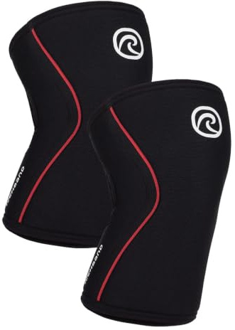 Rehband Rodillera para entrenamiento de fuerza & fitness - rodillera de neopreno de 7 mm, flexible & antideslizante, knee sleeve para hombres & mujeres, Color:Negro/Rojo - 1 Par, Talla:XL