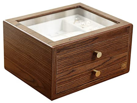 Holz Schmuckvitrine mit Glasdeckel Handgefertigte Staubdichte Schmuck Aufbewahrungsbox mit 2 Schubladen Halsketten Ring Ohrring Halter, Braun