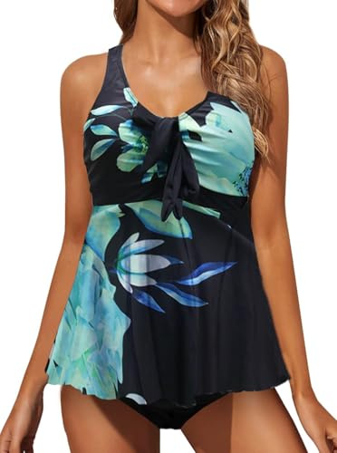 JFAN Baddräkter Halter Backless U-Neck Baddräkter Dam Push Up Två Stycken Casual Blomtryck Tankini Baddräkt med Hög Midja, Grönt tryck, S