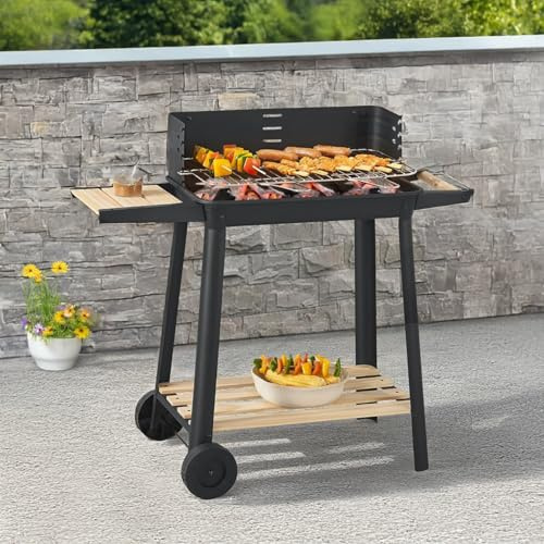 Garden Mile Charcoal BBQ Grill with Wheels – Large Portable Steel Barbecue with Wooden Shelving, Adjustable Height Brazier, Outdoor Smoker for Garden, Patio & Outdoor Cooking