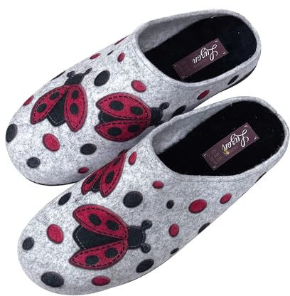 JOMIX Zapatillas Casa Mujer Invierno Fabricadas en España - Pantuflas Cerradas de Fieltro Acolchadas Con Espuma Viscoelástica, Mariquita, 41 EU