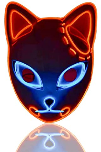 XehCaol Lot de 3 Masque Demon,Deguisement Japonais Démon Oni Masque Led Lumineux de Renard BrillantPour Halloween Cosplay Props (red)