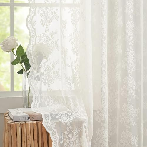 YJ YANJUN Schlaufenschal 2er Set Gardinen mit ösen Beige Spitzenvorhänge Vorhang Voile Blumenmuster Beige Durchsichtigen Vorhängen Schal für Wohnzimmer Schlafzimmer 2 Stück 140x175 (B*H) cm