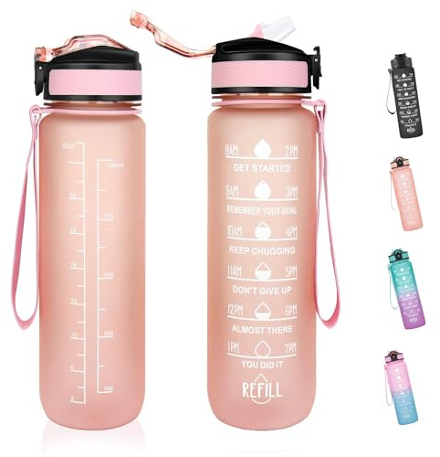 Toced Borraccia sportiva da 1 l, con cannuccia e tacche orarie, riutilizzabile, motivazionale, a prova di perdite, coperchio senza BPA, resistente, per palestra, sport, attività all'aperto (rosa)