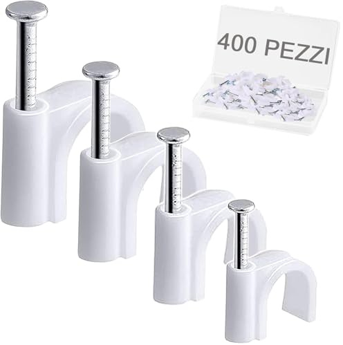 400pz Fermacavi a Chiodo, 4 Dimensioni (4mm 6mm 8mm 10mm) Fermacavi Durevoli a Chiodo Rotondo, Fermacavi Ordinati per Cavi, Pin, Chiodini per Cavi per Ethernet, Cavi Elettrici, Fili
