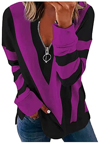 Damen Sweatshirt Pullover Langarm Farbvarianten Oversized Langarmshirt Pulli ohne Kapuze Baumwolle Basic Rundhals-Ausschnitt Sport Halber Reißverschluss Sweatshirt (01 Lila, S)