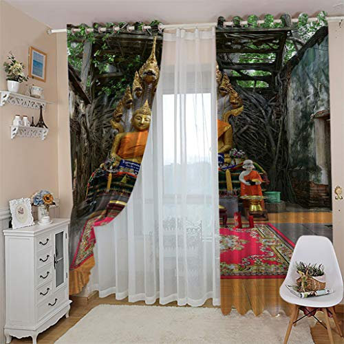 Golden Buddha 3D-Druck Kindervorhänge, schalldicht, Verdunkelung mit Wärmedämmung, Ösen-Design, Wohnzimmer, Verdunkelung, Fenstervorhänge, 2 Paneele, 200 x 160 cm