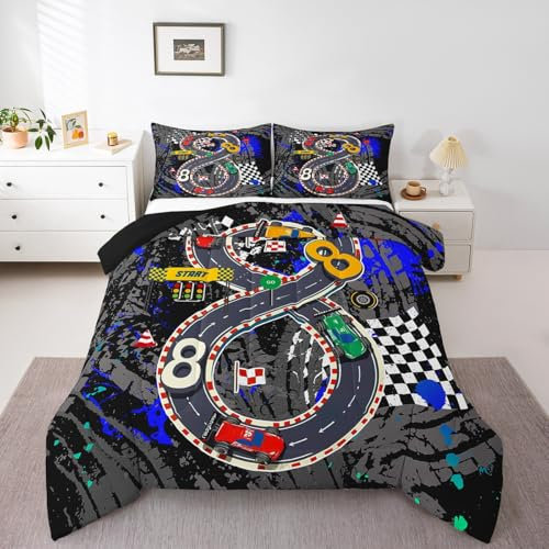 Feelyou Kinder-Sportwagen-Bettwäsche-Set, Queen-Size-Größe, Rennsportwagen, für Jungen und Mädchen, Cartoon-Auto, Sportwettbewerb, blaues Bettdecken-Set, 1 Bettdecke + 2 Kissenbezüge