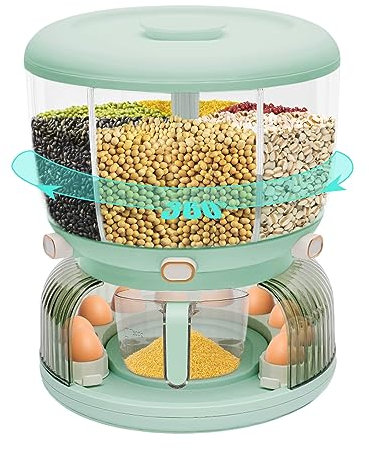 KeruRome 6 Grid 22lbs Rotating Dry Grain and Rice Cereal Dispenser 360° Grain Storage Container Dispenser with Lid Rice Dispenser Rotating for Store Rice, Red Beans, Yellow Beans