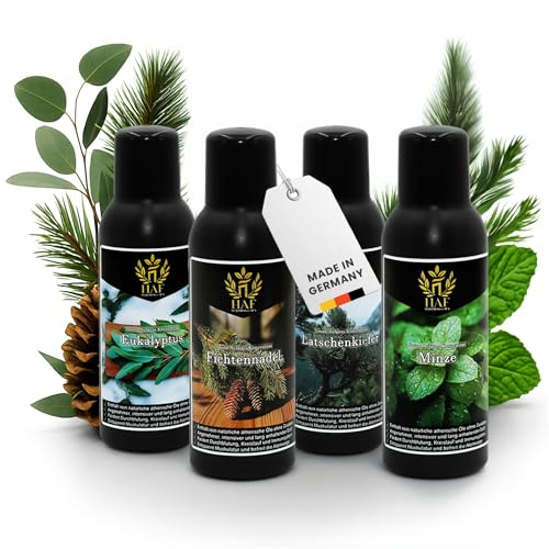 HAF Saunaaufguss Set „Waldfrische“ - 4 x 250ml Sauna Aufgussmittel Eukalyptus, Fichtennadel, Latschenkiefer, Minze - Saunaduft mit natürlichen ätherischen Ölen & ohne Zusätze