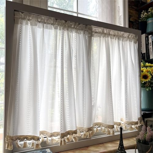 champracer Scheibengardine Boho Kurze Vorhänge Landhausstil Kurzgardine Vintage Bistrogardine Kurz Gardinen Kleines Fenstervorhang Küche Tür mit Quaste (1 Stück, BxH 100x30 cm)