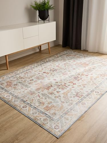benuta Basic Waschbarer Teppich George - Multicolor/Beige 140x200 cm - Kunstfaser - Rechteckig & im Style: Vintage, Elegant, Retro - Pflegeleicht für Wohnzimmer Schlafzimmer