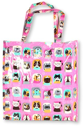 BOGACI Borsa Donna Ragazza Shopper In Plastica Busta Spesa Casual Universale Fantasia Gattini Cagnolini (Fantasia G.4 Rosa)