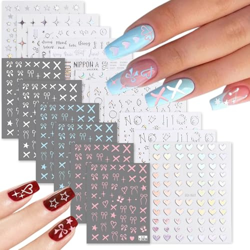 KEYRI 18 Blatt Nagelaufkleber für Nagelkunst und Nagelstudio Selbstklebende Schleife Stern Herz Nagelzubehör Zartes Nagelkunst-Design Dekorationszubehör für Frauen und Mädchen (Verschiedene Formen)