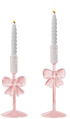 Kerzenständer Glas, 2 Stück Rosa Kerzenhalter Glas mit Schleife, Stabkerzenhalter Glas, Kerzenständer für Stabkerzen, Rosa Schleife Glas Kerzenhalter für Heimdekoration, Hochzeit Tischdekoration (A)