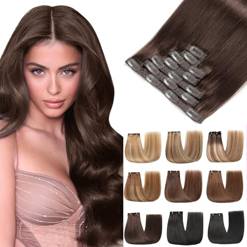 EINbeauty Clip In Extensions Echthaar 7Stücke 120g 50cm Extensions Echthaar Gerade Unsichtbar Echthaar Extensions Dunkel Braun Extensions Clip In Haarverlängerung（20Zoll，2#）