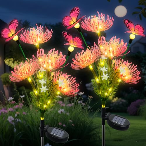 Qoosea Luces Solares Jardin Exterior, 2 Piezas Luzes Solar de Flores, Lámpara Solar Jardín LED con Mariposas,Impermeable Decoración para Boda Fiestas Navidad Regalo Dia de La Madre