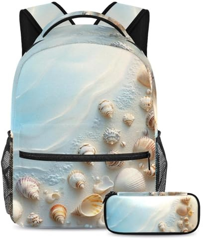 VAPOKF Sandmuschel-Schulranzen-Set für Teenager, Mädchen, Jungen, Kinder, Schüler, Büchertasche, Rucksack mit Federmäppchen für Grundschule, multi, Einheitsgröße, Schulranzen-Set