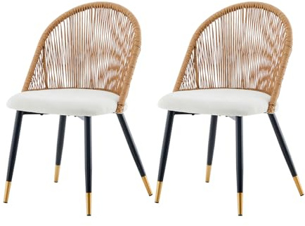 TUKAILAI Esszimmerstühle 2er Set mit Rattan,Samt, Metall,Rattansessel mit Gepolstertem Sitz, Küchenstuhl mit Armlehnen,Rattanstuhl, Polsterstuhl Stuhl,Retro-Freizeitstühle,Schwarz (1, Beige)