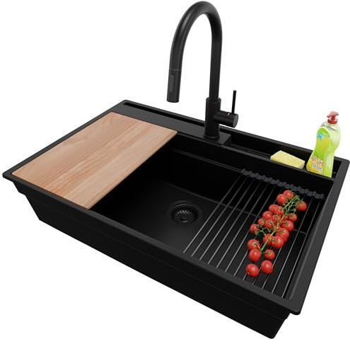 PRIMAGRAN Lavandino da Cucina al Mobile 80cm + Rubinetto, 78x53cm | Set: Rubinetto BW9010 + Kit di scarico + Lavello in Granito a 1 Vasca - Oslo Pocket, Tutto Nero