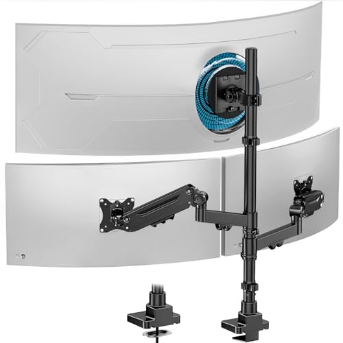 Monitor Halterung 3 Monitore- 1 Fester 49 und 2 Gasfeder 35 Bildschirme | Max.Belastbarkeit 20 kg,Voll Verstellbar Bildschirmhalterung 3 monitore mit 80cm Stange,VESA 75x75MM/100x100MM