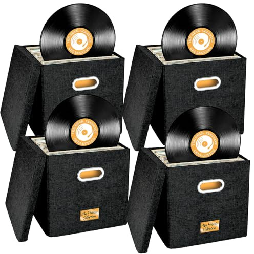 Aolawco 4 PZ Scatola per conservazione dischi in vinile da 30,5 cm, Custodia per CD con coperchio e manici, Scatole pieghevoli per conservazione LP contengono fino a 100+ dischi singoli, Organizer per