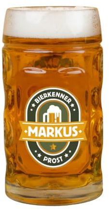 Herz & Heim® Personalisierter Bierkrug – Bierglas in 0,5l, 1l oder 0,04l als Schnapsglas – Geschenk für Männer – Krug mit Wunschname – bayrische Motive für Biergarten & Volksfest (Bierkenner, 0,5 l)