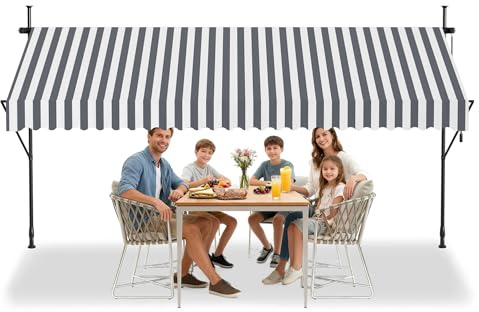 Aufun Klemmmarkise mit Handkurbel Balkon 350 x 120 cm Grau und weiß Streifen Balkonmarkise ohne Bohren Markise Sonnenschutz aus Polyester UV-Beständig und Höhenverstellbar, Terrassenüberdachung