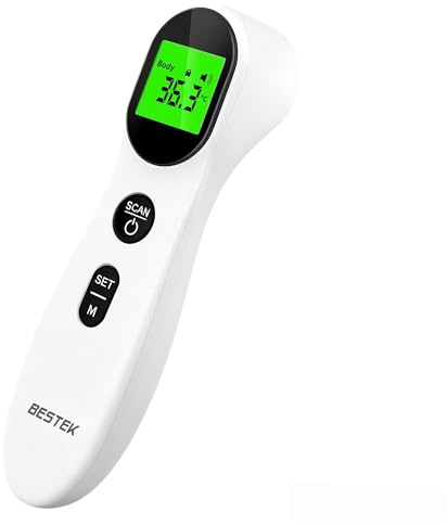 BESTEK Termómetro de fiebre infrarrojo sin contacto para niños y adultos y niños, termómetro de bebé frontal digital, lectura instantánea en 1 segundo, acceso rápido a la memoria, pantalla LCD