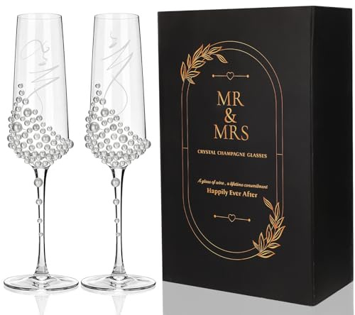 Mr and Mrs Wedding Champagne Flutes Set with Pearls Bride and Groom | Toasting Crystal Glass Set with Gift Box Packaging for Anniversary Engagement Celebrations Bridal Shower Gifts