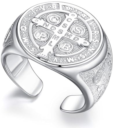 CELESTIA Anello Uomo di Croce di San Benedetto Argento 925 Anelli Sigillo da Uomo Lucido con Croce Benedetto, Anello Mignolo Regolabile, Idee Regalo per Papà, Marito, Fidanzato